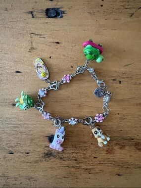 Kids Charm Bracelet with Pink Flower Links and Animal Charms